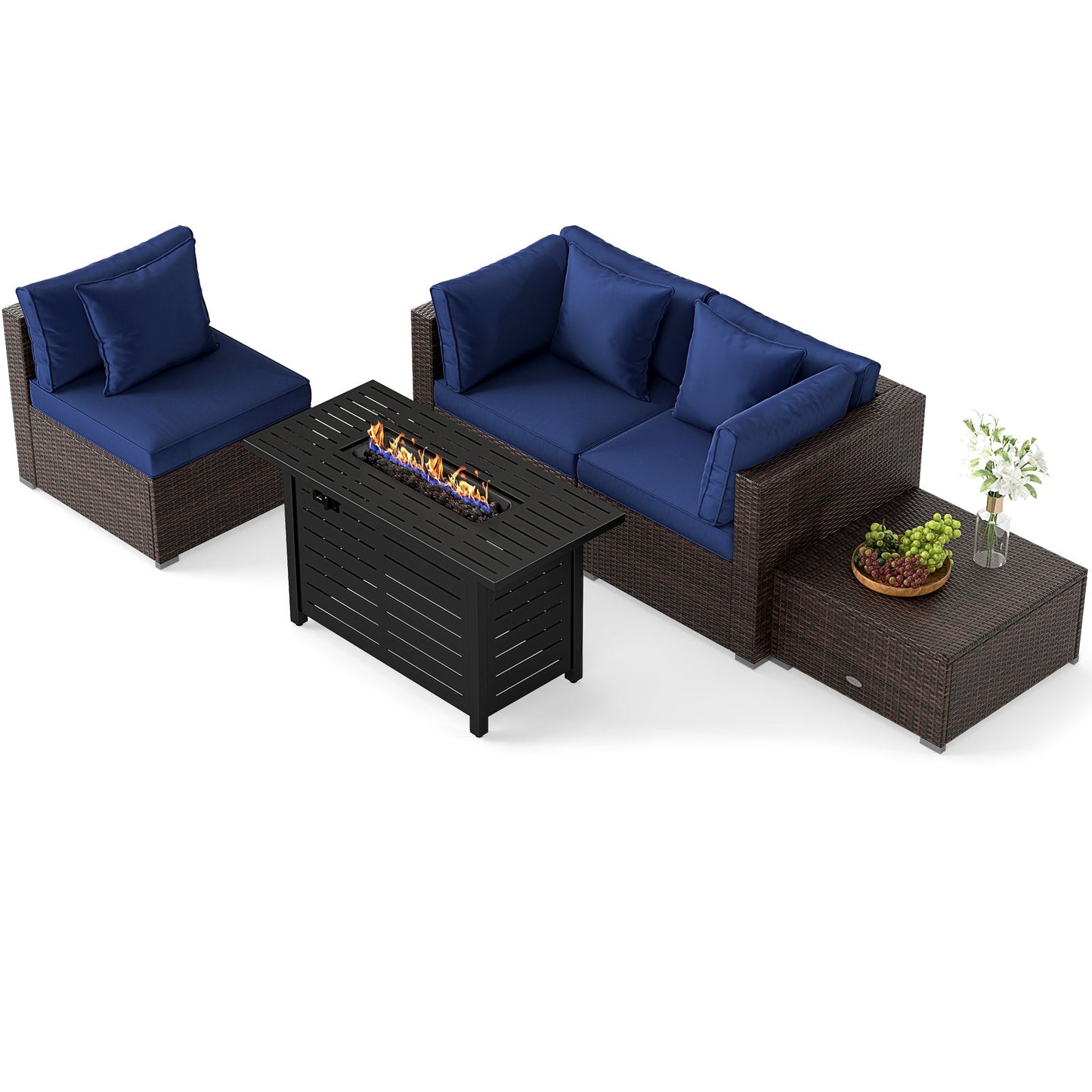 5-Piece Outdoor PE Rattan Patio Furniture Set with 60,000 BTU Fire Pit Table and Ottoman