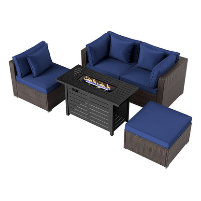 5-Piece Outdoor PE Rattan Patio Furniture Set with 60,000 BTU Fire Pit Table and Ottoman