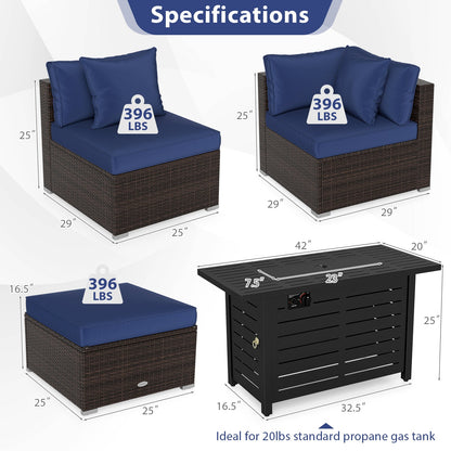 5-Piece Outdoor PE Rattan Patio Furniture Set with 60,000 BTU Fire Pit Table and Ottoman