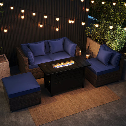 5-Piece Outdoor PE Rattan Patio Furniture Set with 60,000 BTU Fire Pit Table and Ottoman