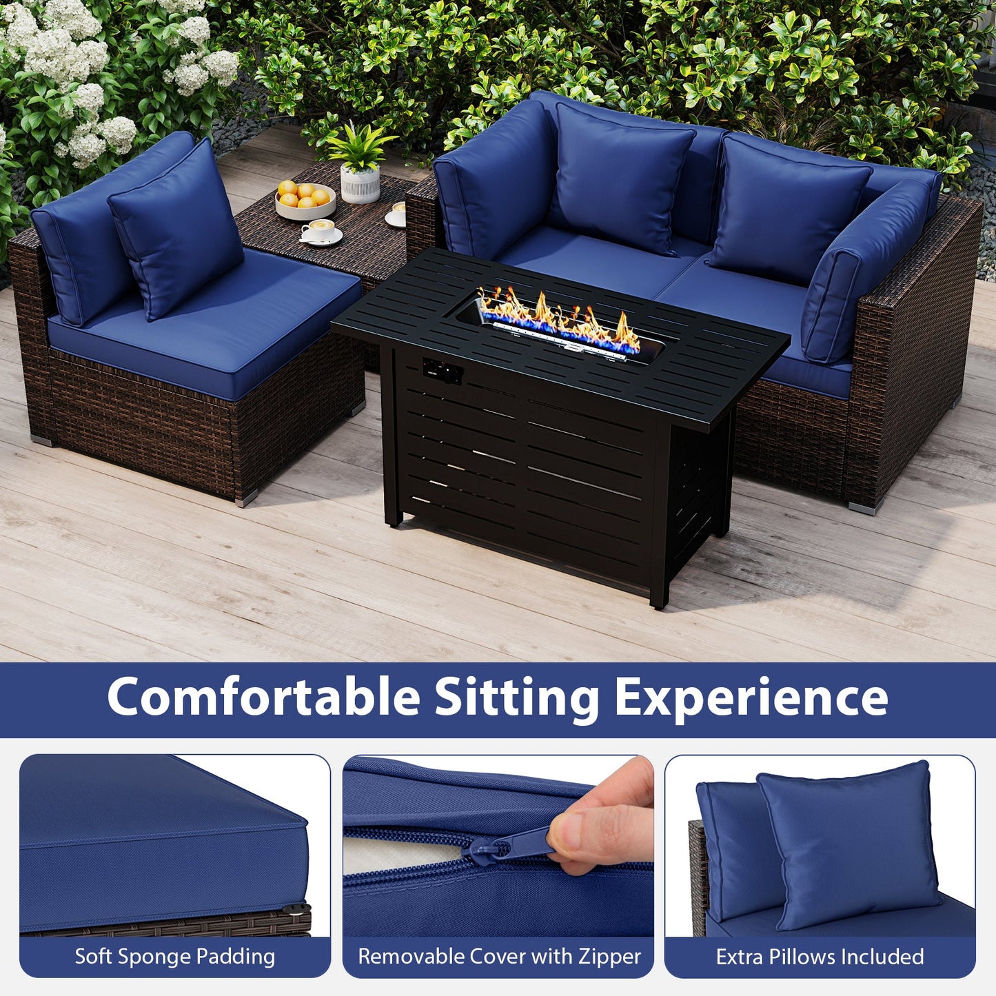 5-Piece Outdoor PE Rattan Patio Furniture Set with 60,000 BTU Fire Pit Table and Ottoman
