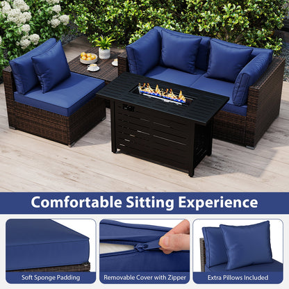 5-Piece Outdoor PE Rattan Patio Furniture Set with 60,000 BTU Fire Pit Table and Ottoman