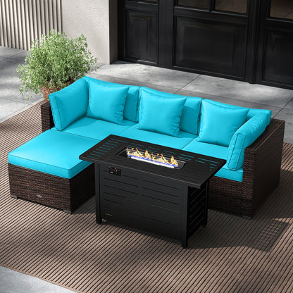 5-Piece Outdoor PE Rattan Patio Furniture Set with 60,000 BTU Fire Pit Table and Ottoman
