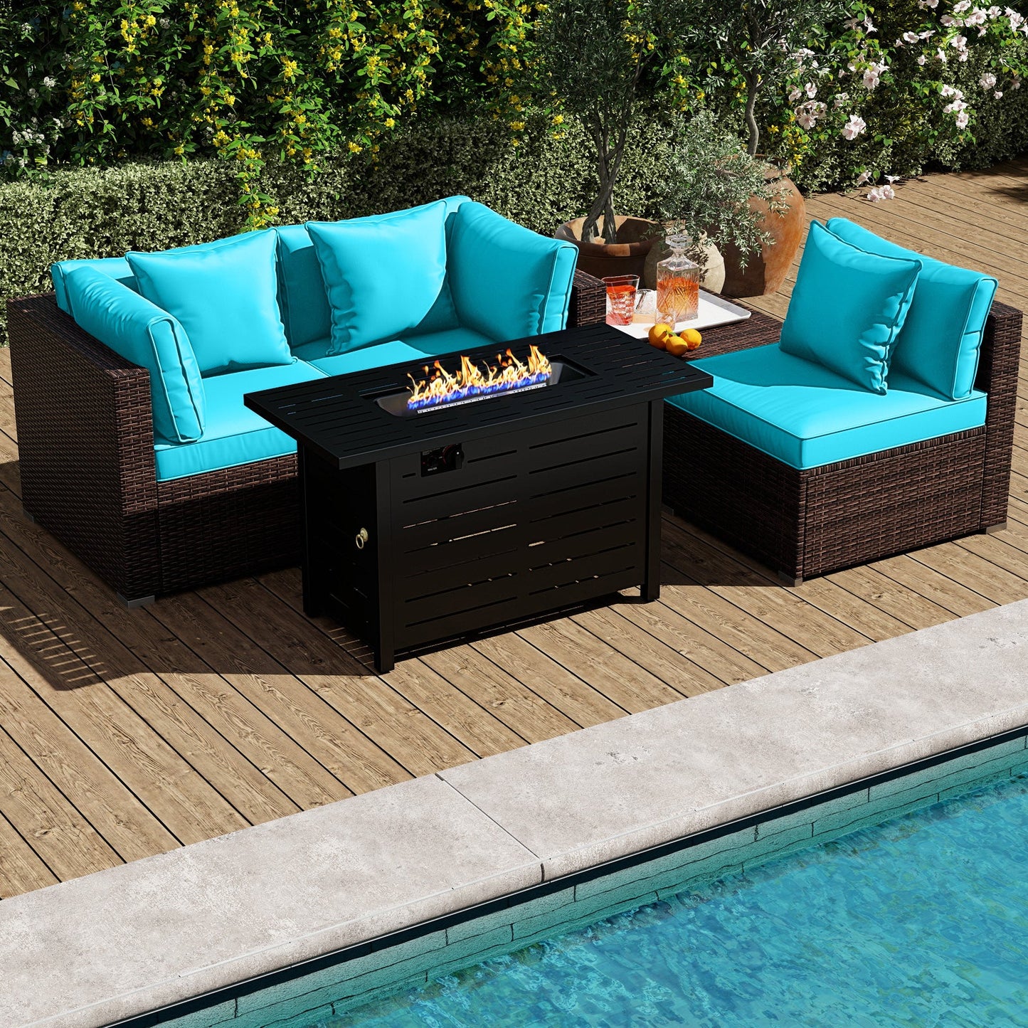 5-Piece Outdoor PE Rattan Patio Furniture Set with 60,000 BTU Fire Pit Table and Ottoman