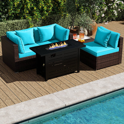 5-Piece Outdoor PE Rattan Patio Furniture Set with 60,000 BTU Fire Pit Table and Ottoman