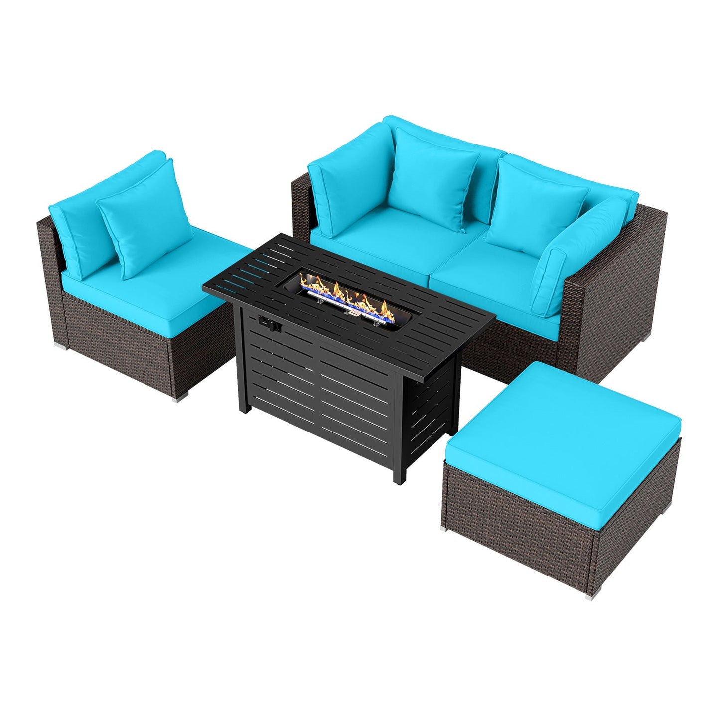 5-Piece Outdoor PE Rattan Patio Furniture Set with 60,000 BTU Fire Pit Table and Ottoman