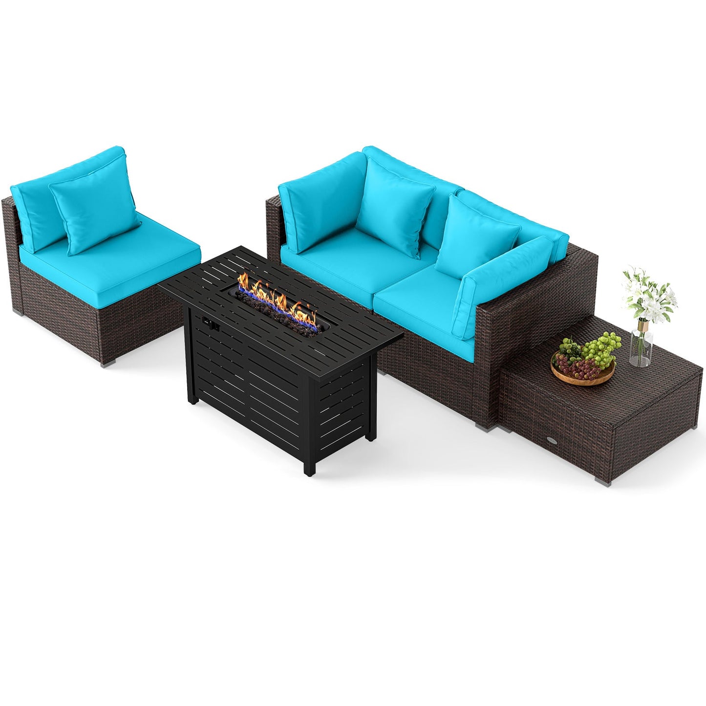 5-Piece Outdoor PE Rattan Patio Furniture Set with 60,000 BTU Fire Pit Table and Ottoman