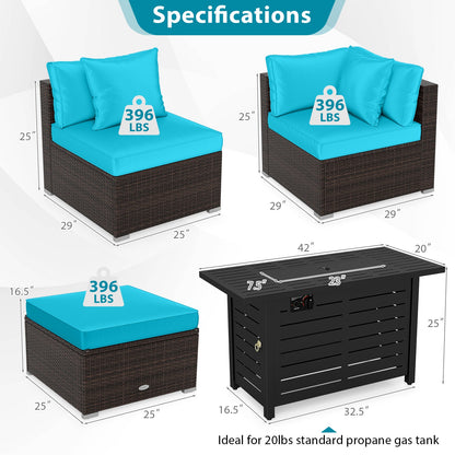 5-Piece Outdoor PE Rattan Patio Furniture Set with 60,000 BTU Fire Pit Table and Ottoman