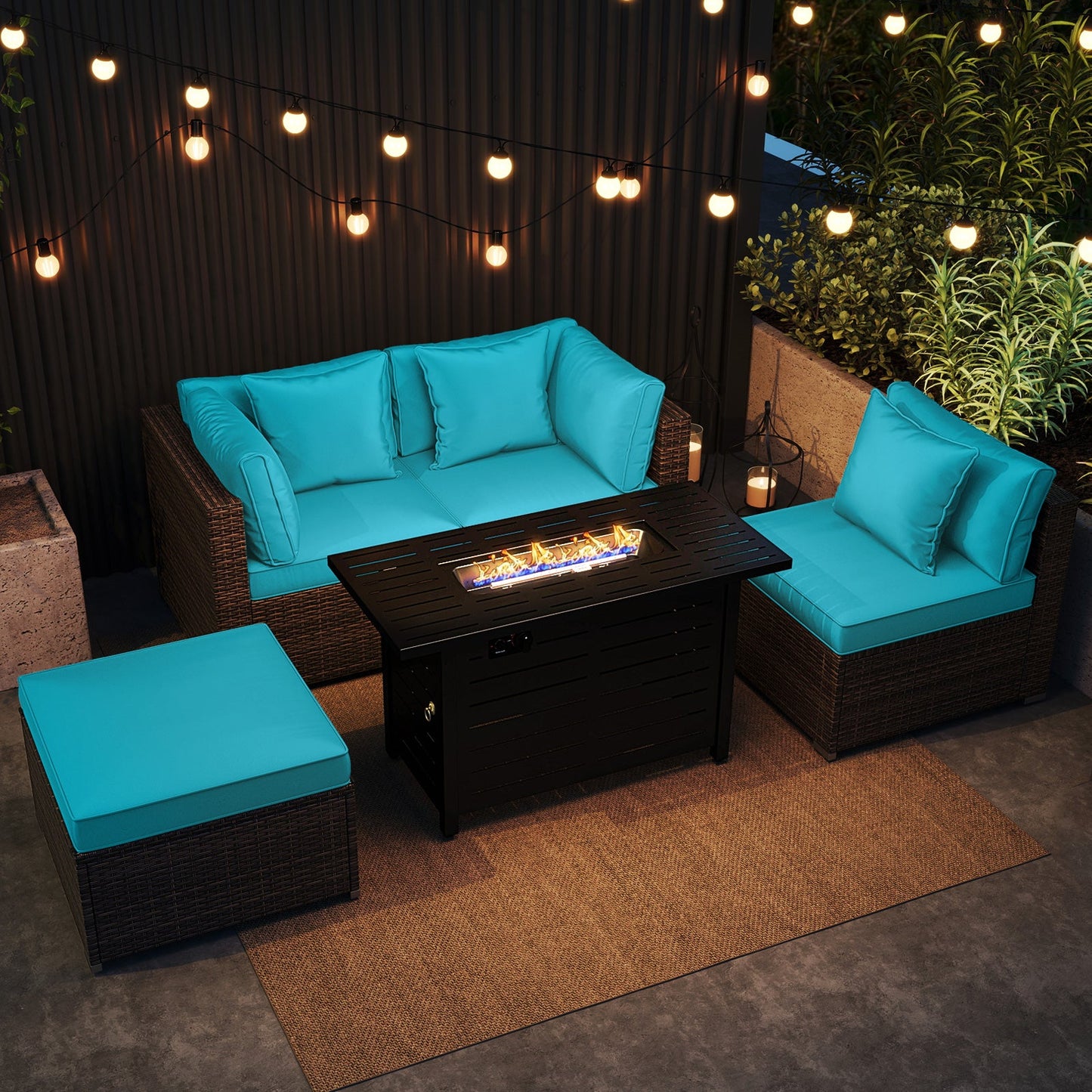 5-Piece Outdoor PE Rattan Patio Furniture Set with 60,000 BTU Fire Pit Table and Ottoman
