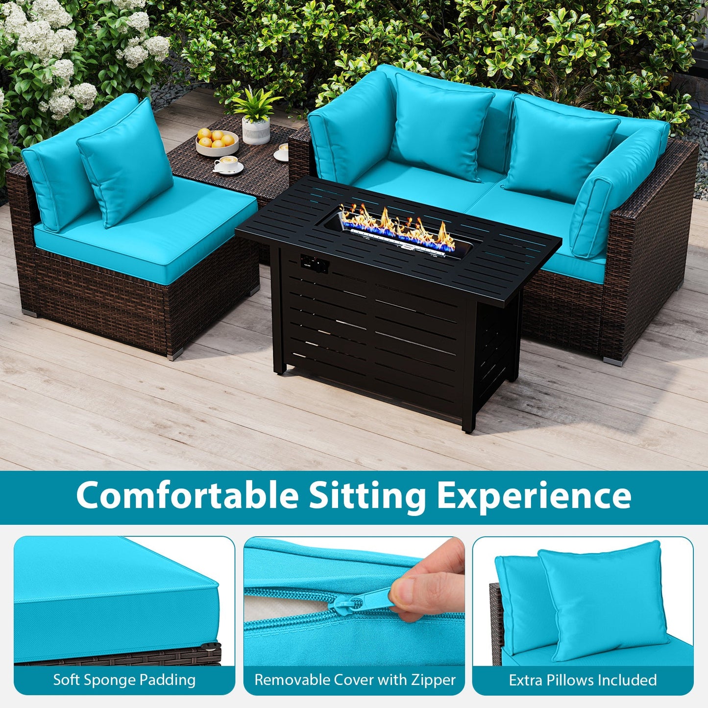 5-Piece Outdoor PE Rattan Patio Furniture Set with 60,000 BTU Fire Pit Table and Ottoman