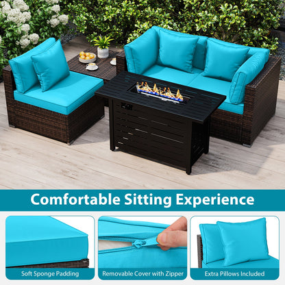 5-Piece Outdoor PE Rattan Patio Furniture Set with 60,000 BTU Fire Pit Table and Ottoman