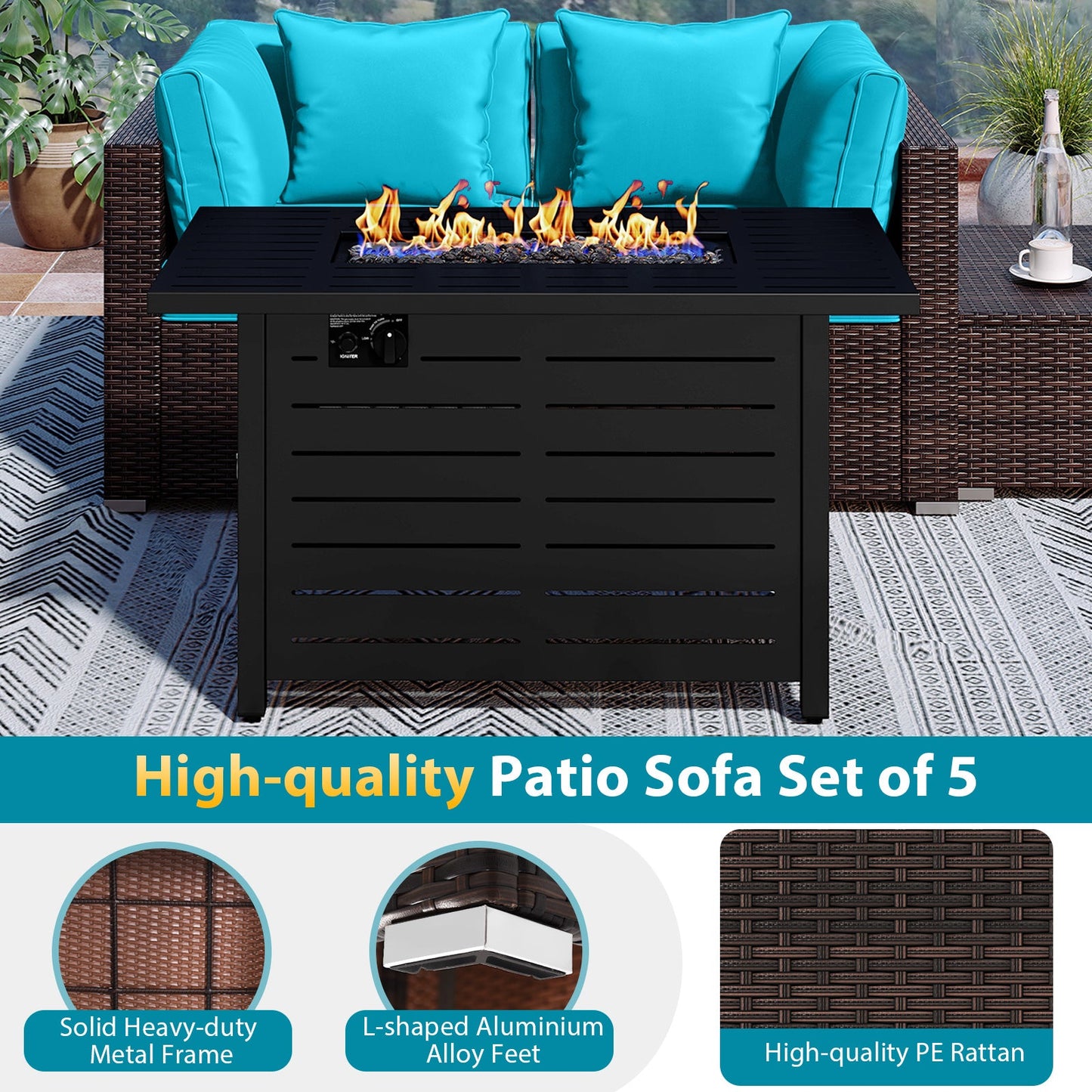 5-Piece Outdoor PE Rattan Patio Furniture Set with 60,000 BTU Fire Pit Table and Ottoman