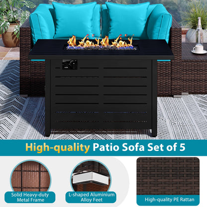 5-Piece Outdoor PE Rattan Patio Furniture Set with 60,000 BTU Fire Pit Table and Ottoman