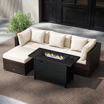 5-Piece Outdoor PE Rattan Patio Furniture Set with 60,000 BTU Fire Pit Table and Ottoman
