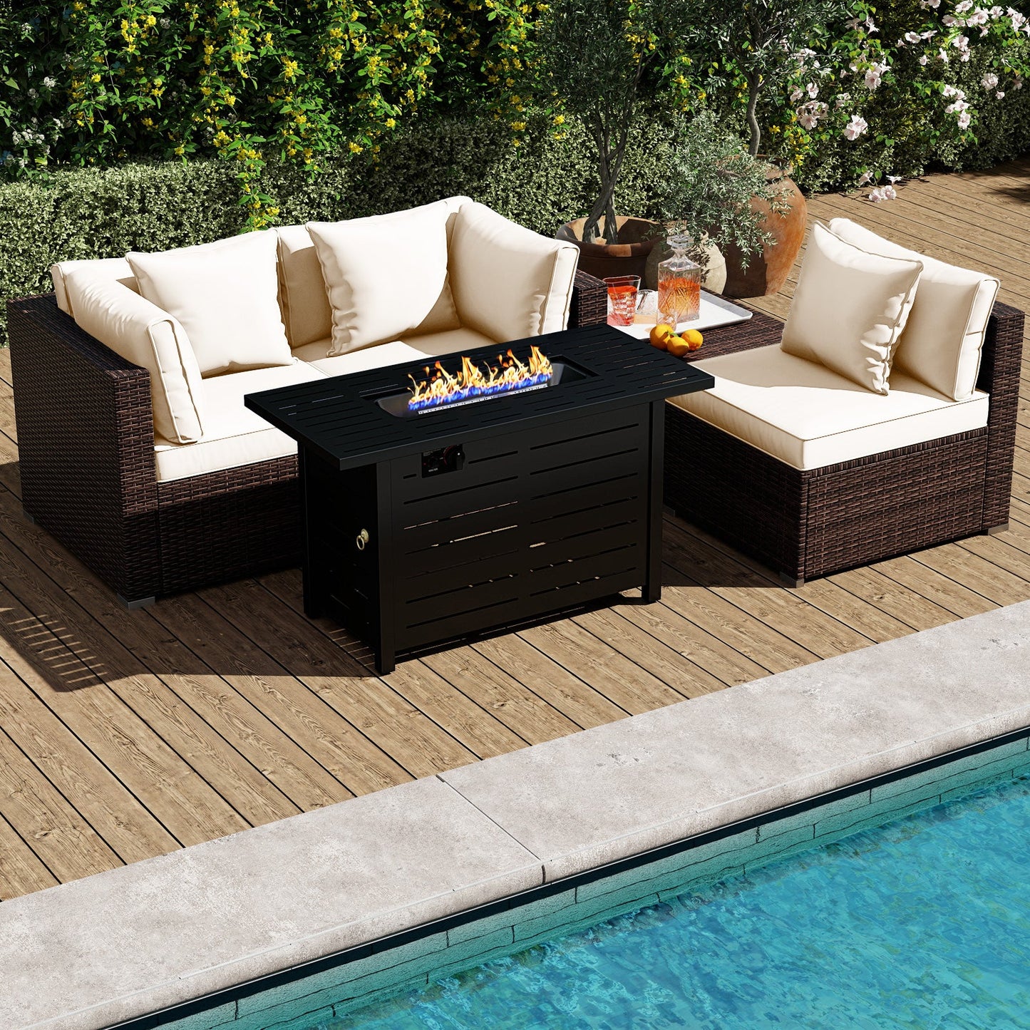 5-Piece Outdoor PE Rattan Patio Furniture Set with 60,000 BTU Fire Pit Table and Ottoman