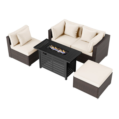 5-Piece Outdoor PE Rattan Patio Furniture Set with 60,000 BTU Fire Pit Table and Ottoman