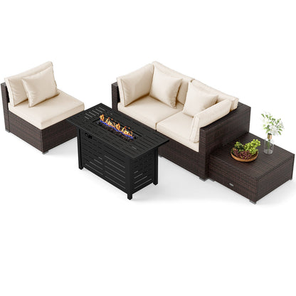5-Piece Outdoor PE Rattan Patio Furniture Set with 60,000 BTU Fire Pit Table and Ottoman