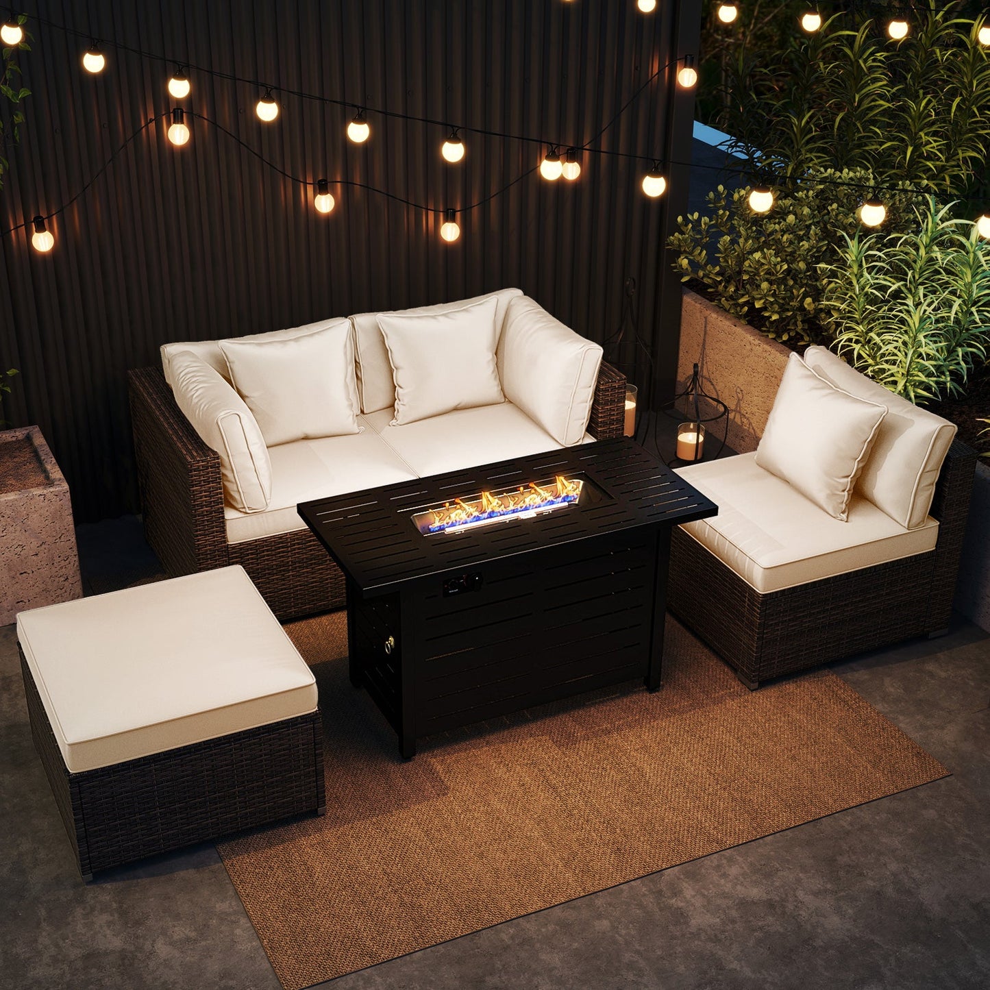 5-Piece Outdoor PE Rattan Patio Furniture Set with 60,000 BTU Fire Pit Table and Ottoman