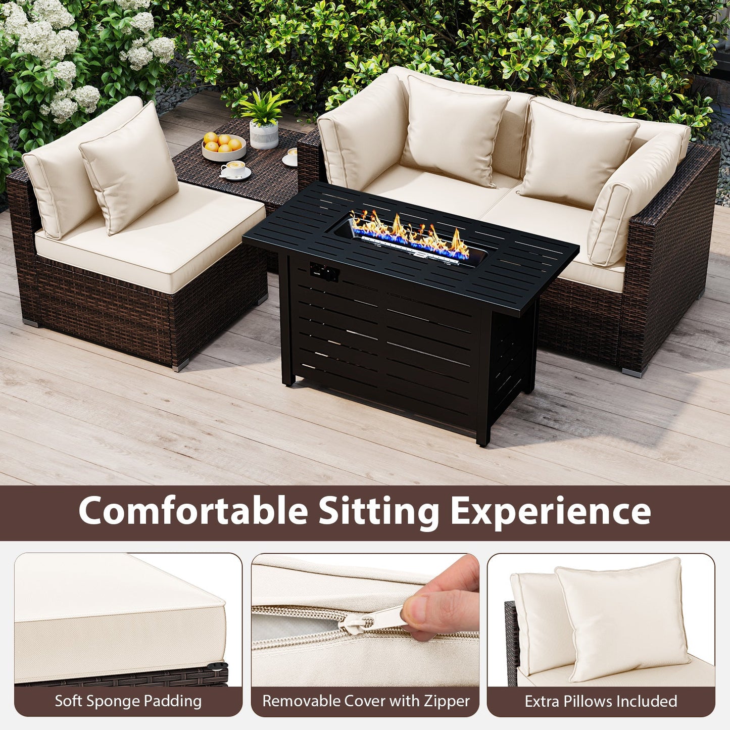 5-Piece Outdoor PE Rattan Patio Furniture Set with 60,000 BTU Fire Pit Table and Ottoman