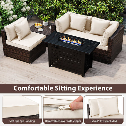 5-Piece Outdoor PE Rattan Patio Furniture Set with 60,000 BTU Fire Pit Table and Ottoman